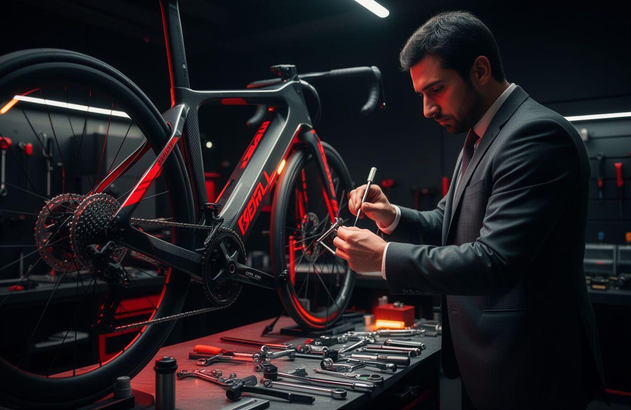Meccanico specializzato al lavoro su una e-bike di fascia alta