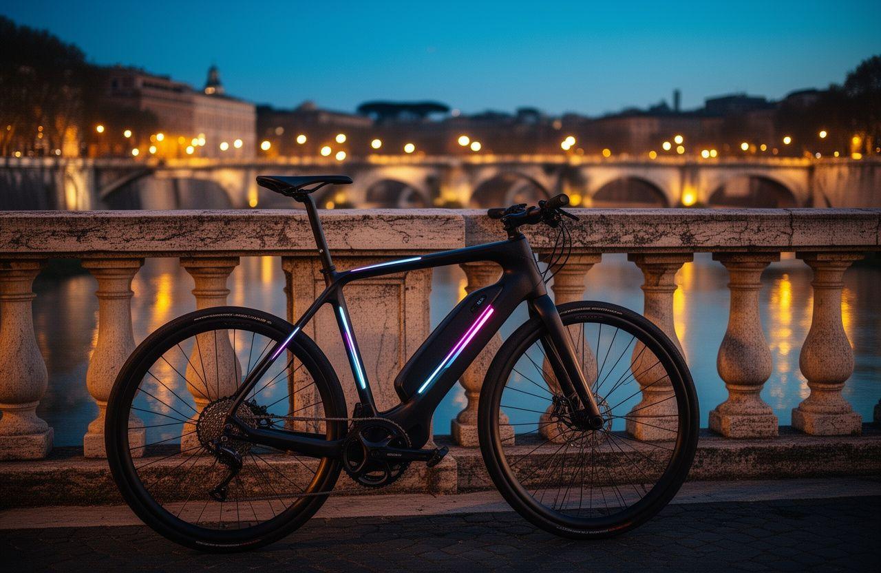 Un'elegante E-bike parcheggiata vicino a Ponte Cavour a Roma al tramonto