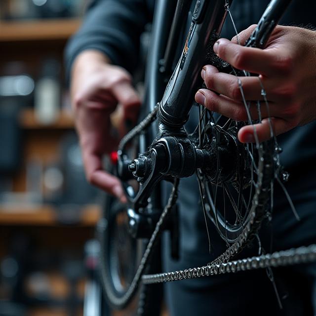 Meccanico esperto che lavora su una bicicletta d'epoca in officina